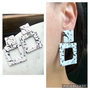 Black & White Marbled Statement Earrings Lightweight Modern Drop Earrings